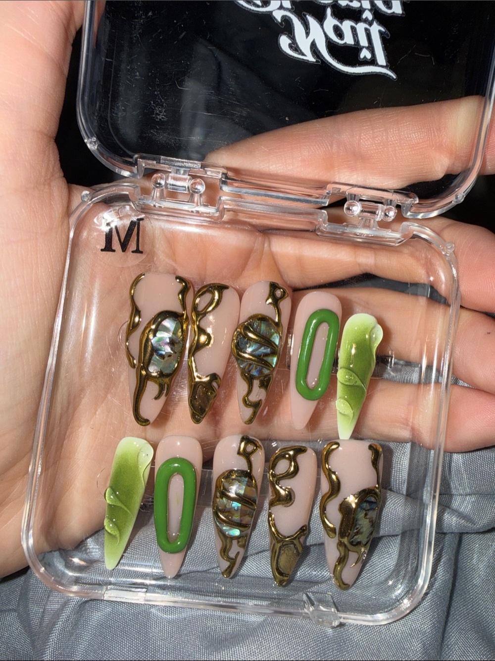 Nailphoria Green Gold long stiletto press on nails